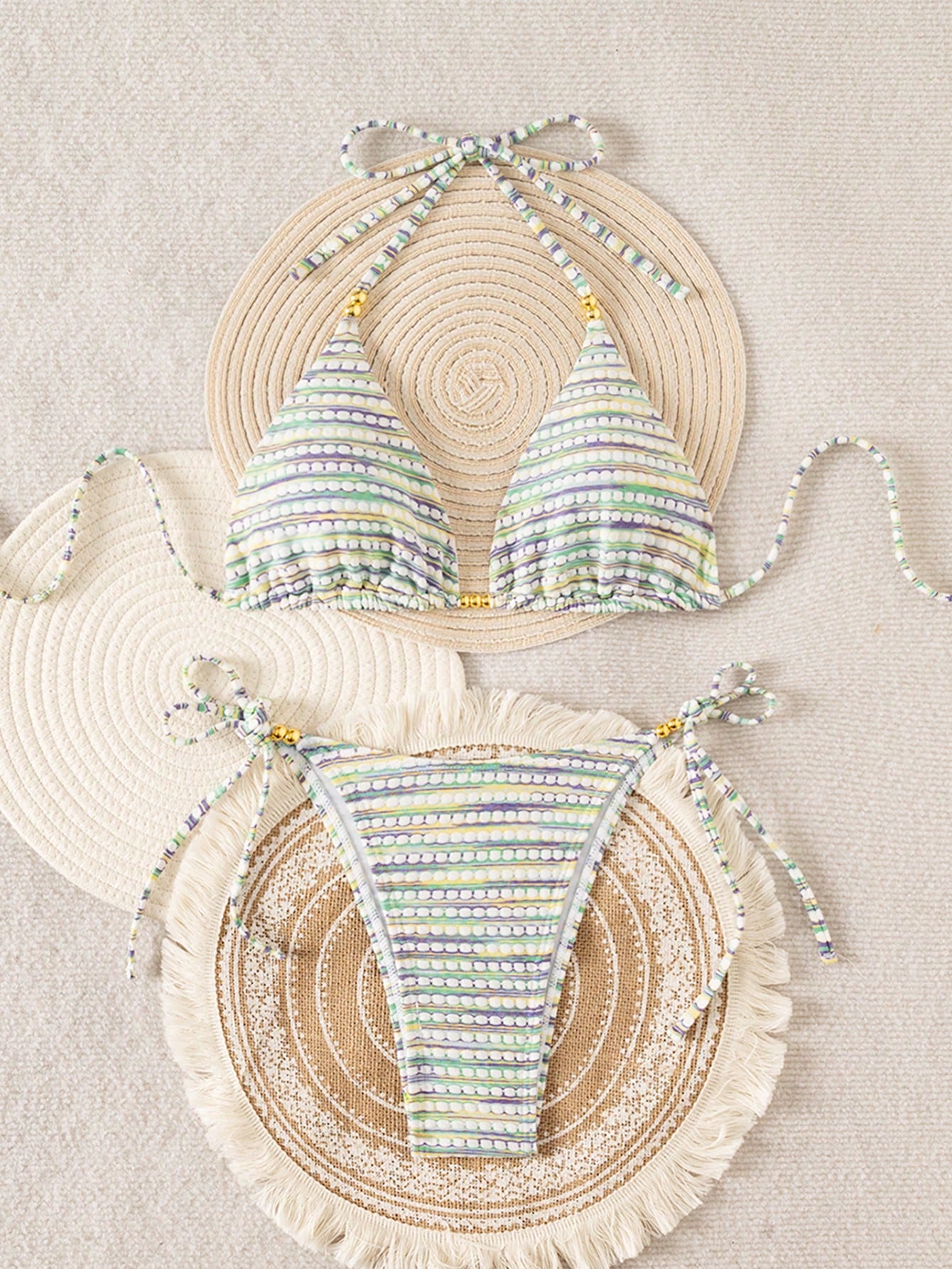 Mother's Day 1pc Elegant Colorful Striped Beaded Halter Bikini Set,