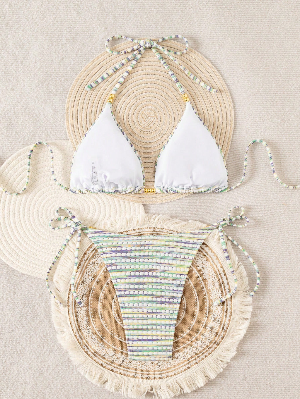 Mother's Day 1pc Elegant Colorful Striped Beaded Halter Bikini Set,