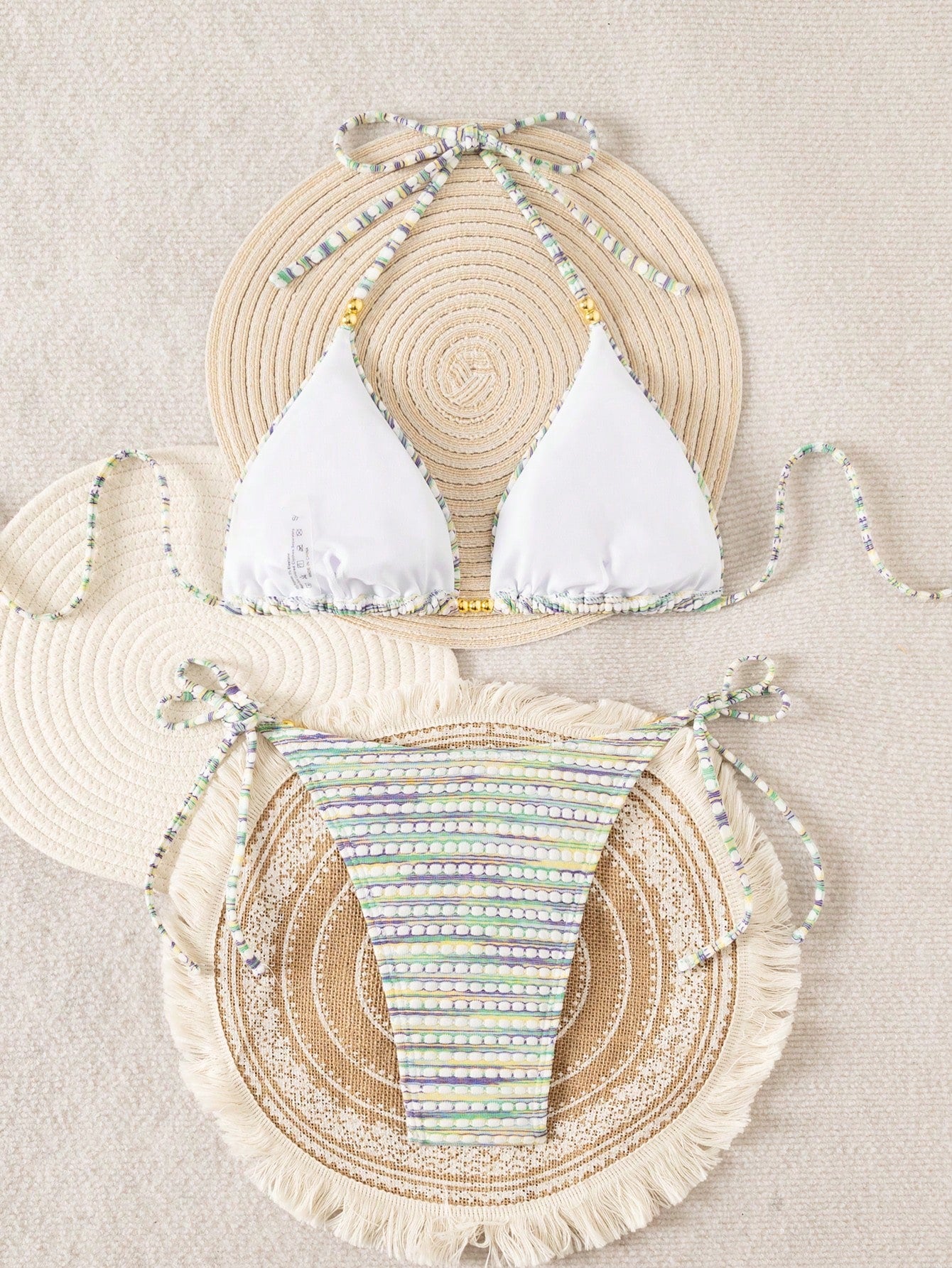 Mother's Day 1pc Elegant Colorful Striped Beaded Halter Bikini Set,
