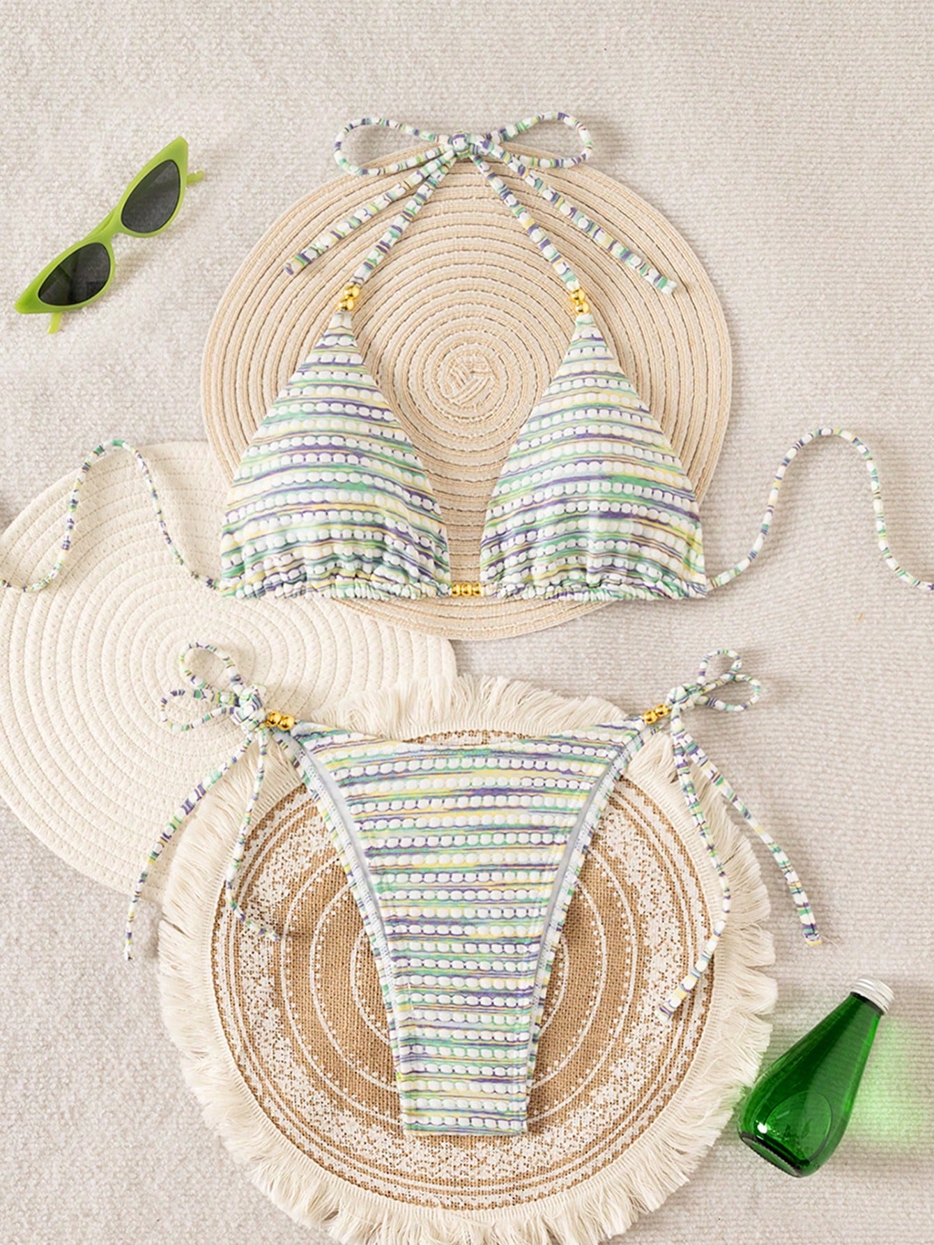 Mother's Day 1pc Elegant Colorful Striped Beaded Halter Bikini Set,