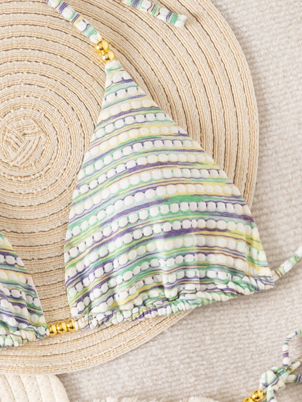 Mother's Day 1pc Elegant Colorful Striped Beaded Halter Bikini Set,