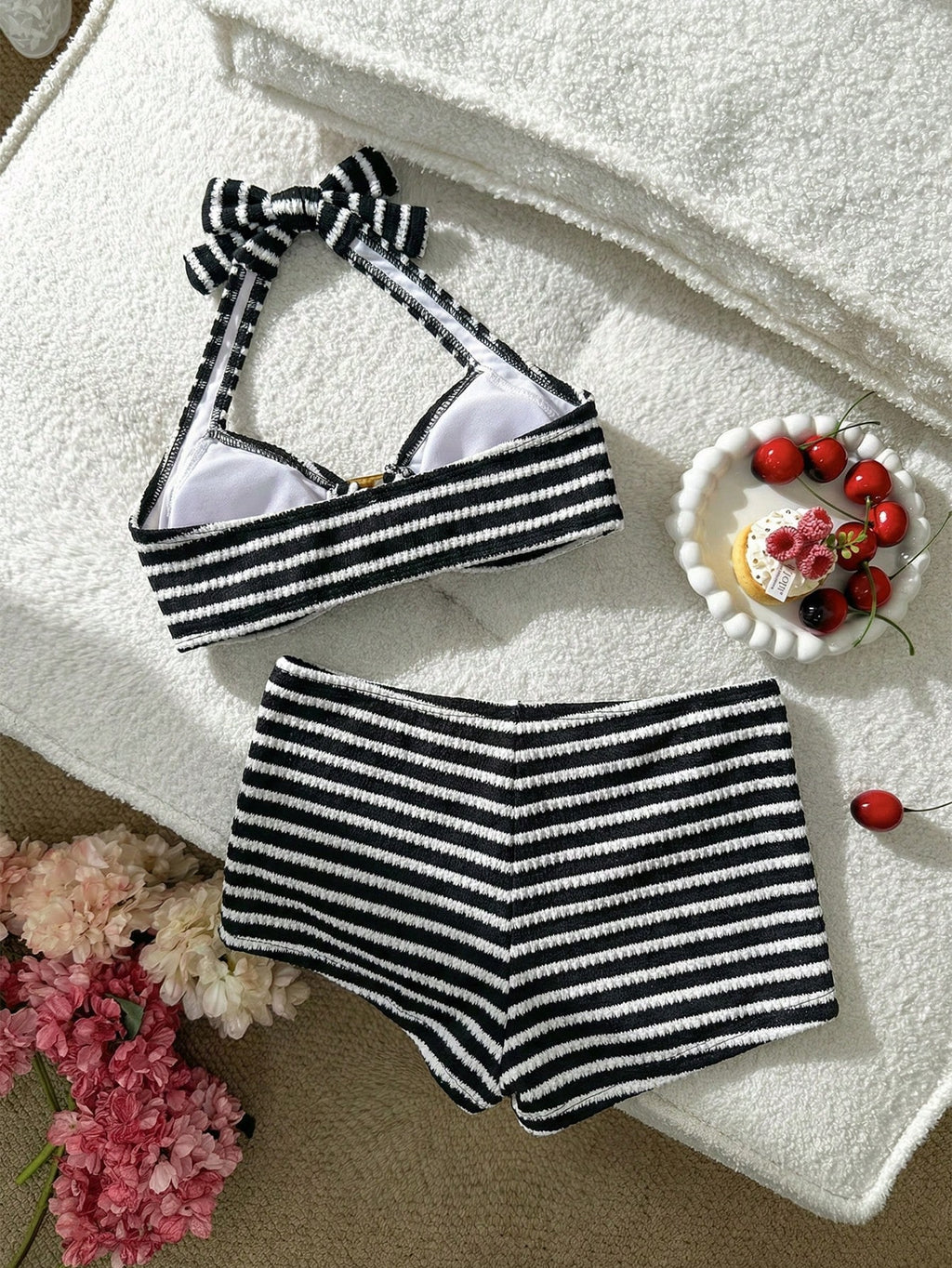 Swim Mod Women's Cute Vacation Pink Striped Halter Neck Swimsuit Set