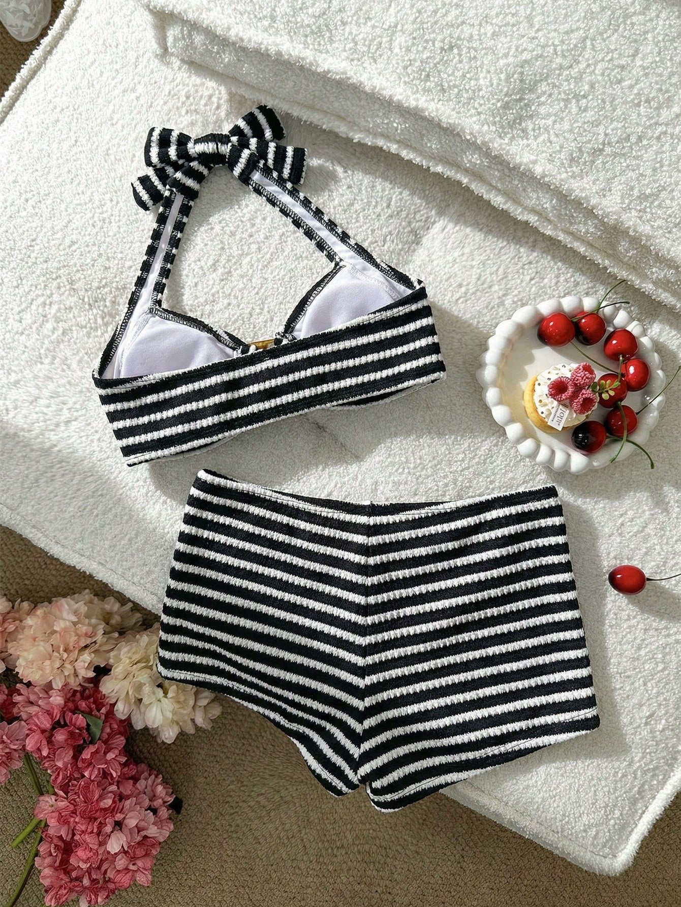 Swim Mod Women's Cute Vacation Pink Striped Halter Neck Swimsuit Set