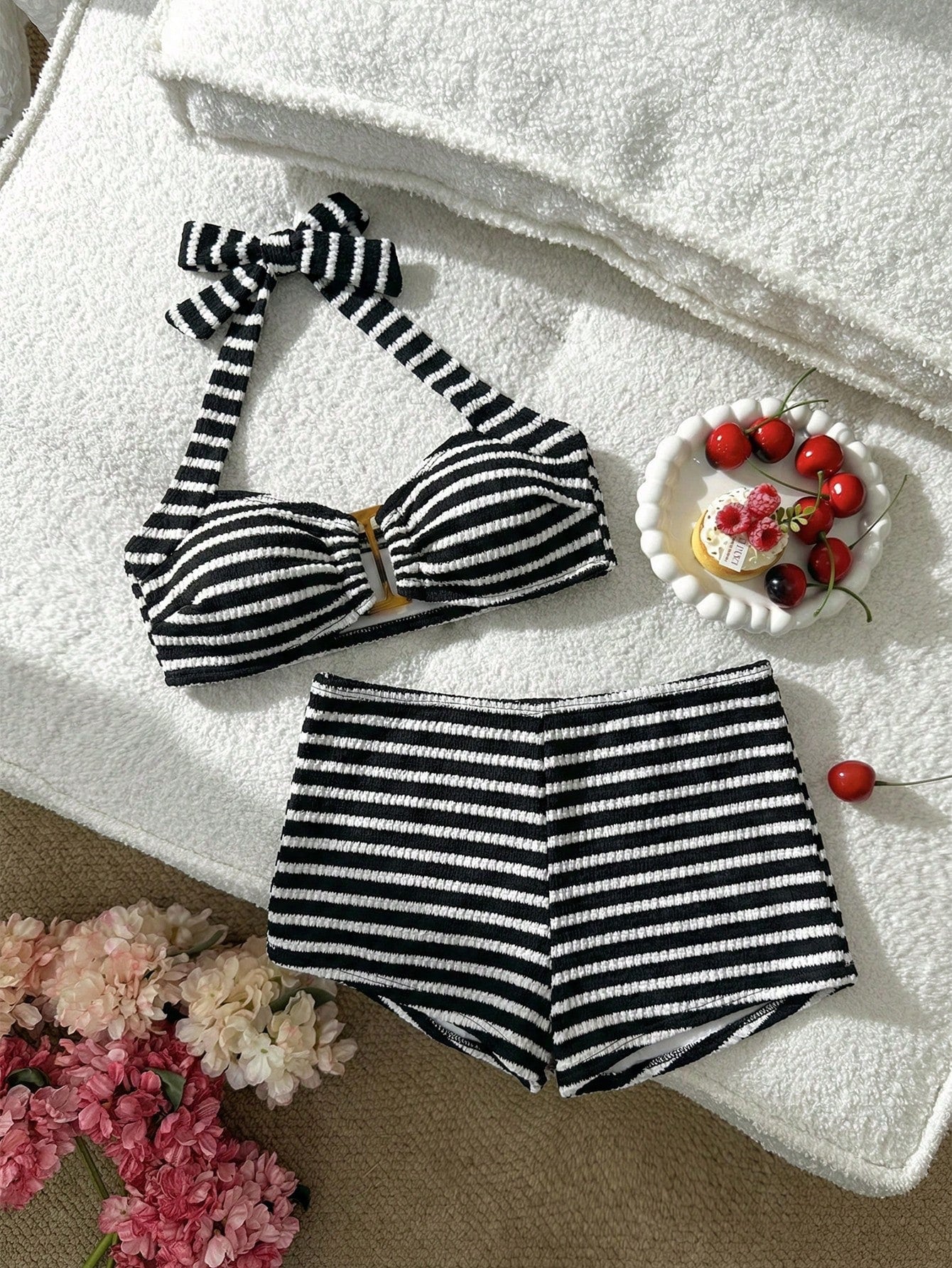 Swim Mod Women's Cute Vacation Pink Striped Halter Neck Swimsuit Set