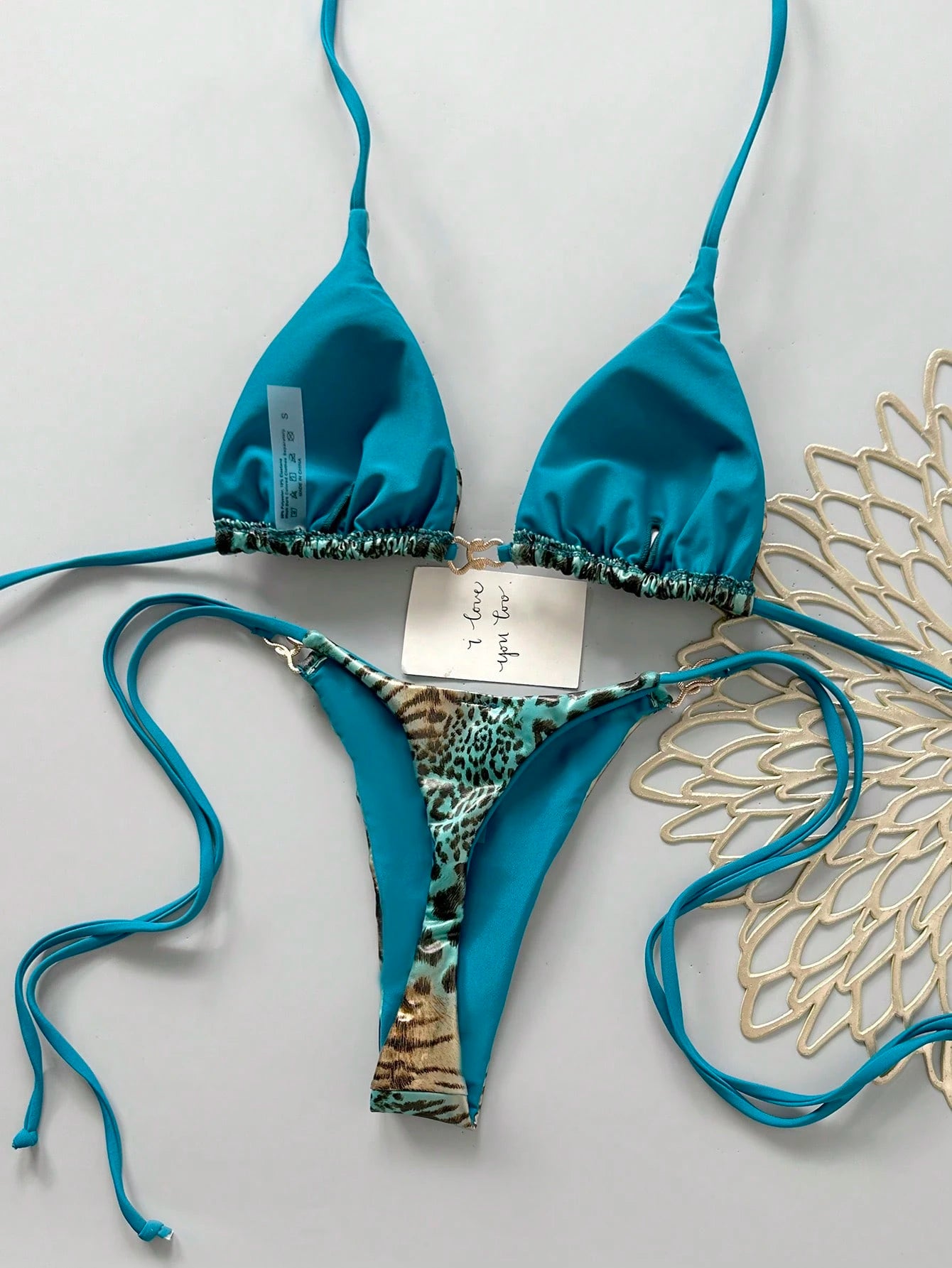 Swim Mod Spring/Summer Digital Print Triangle Wireless Bra Top And Side Tie Biki