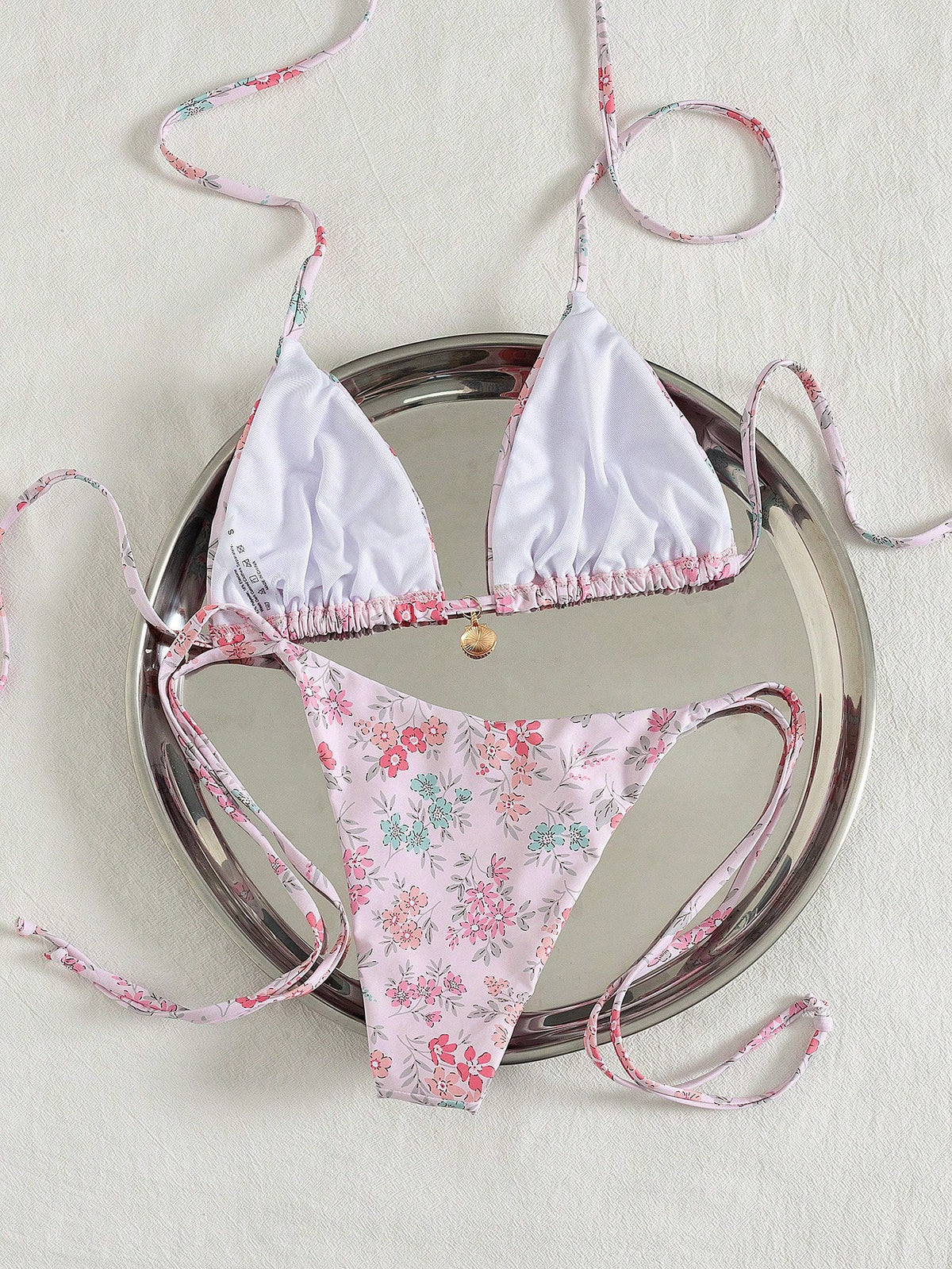 Swim Mod Multicolor Plant Pattern Fabric Halter Bikini Set Boho Style Lace Up Design - image 12