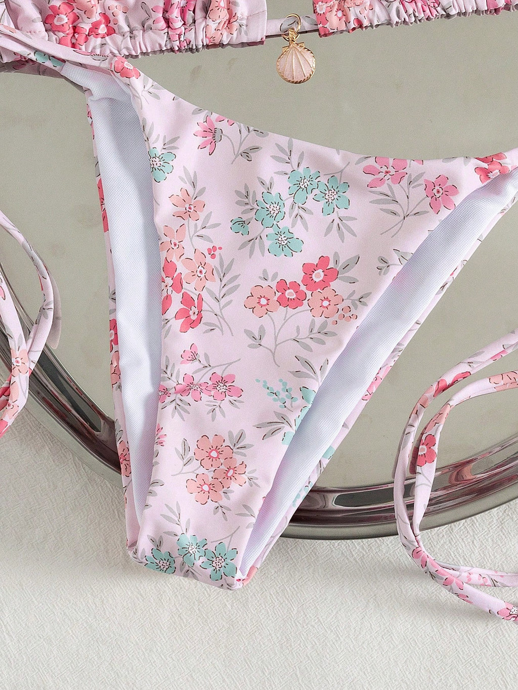 Swim Mod Multicolor Plant Pattern Fabric Halter Bikini Set Boho Style Lace Up Design - image 13
