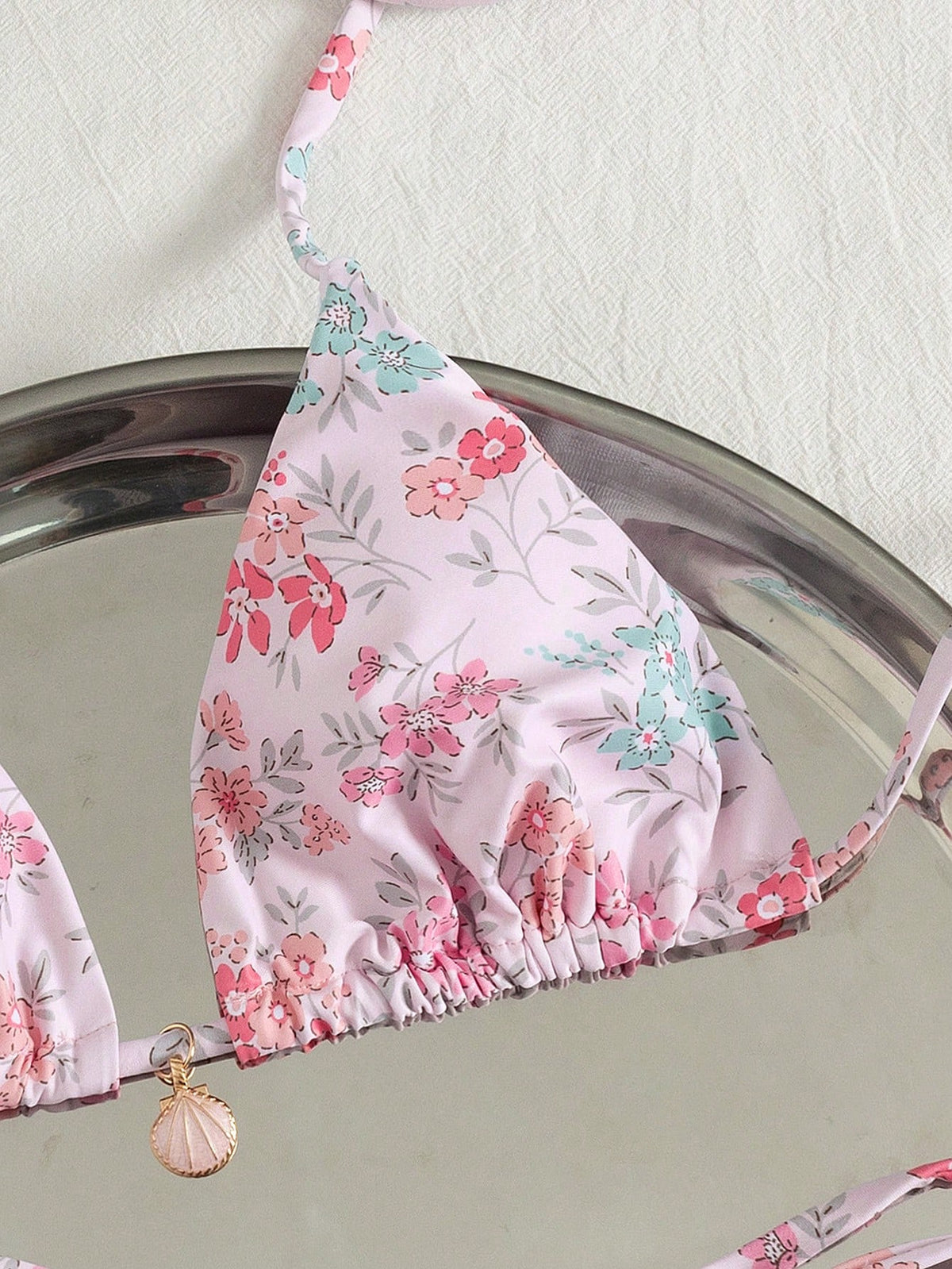 Swim Mod Multicolor Plant Pattern Fabric Halter Bikini Set Boho Style Lace Up Design - image 14