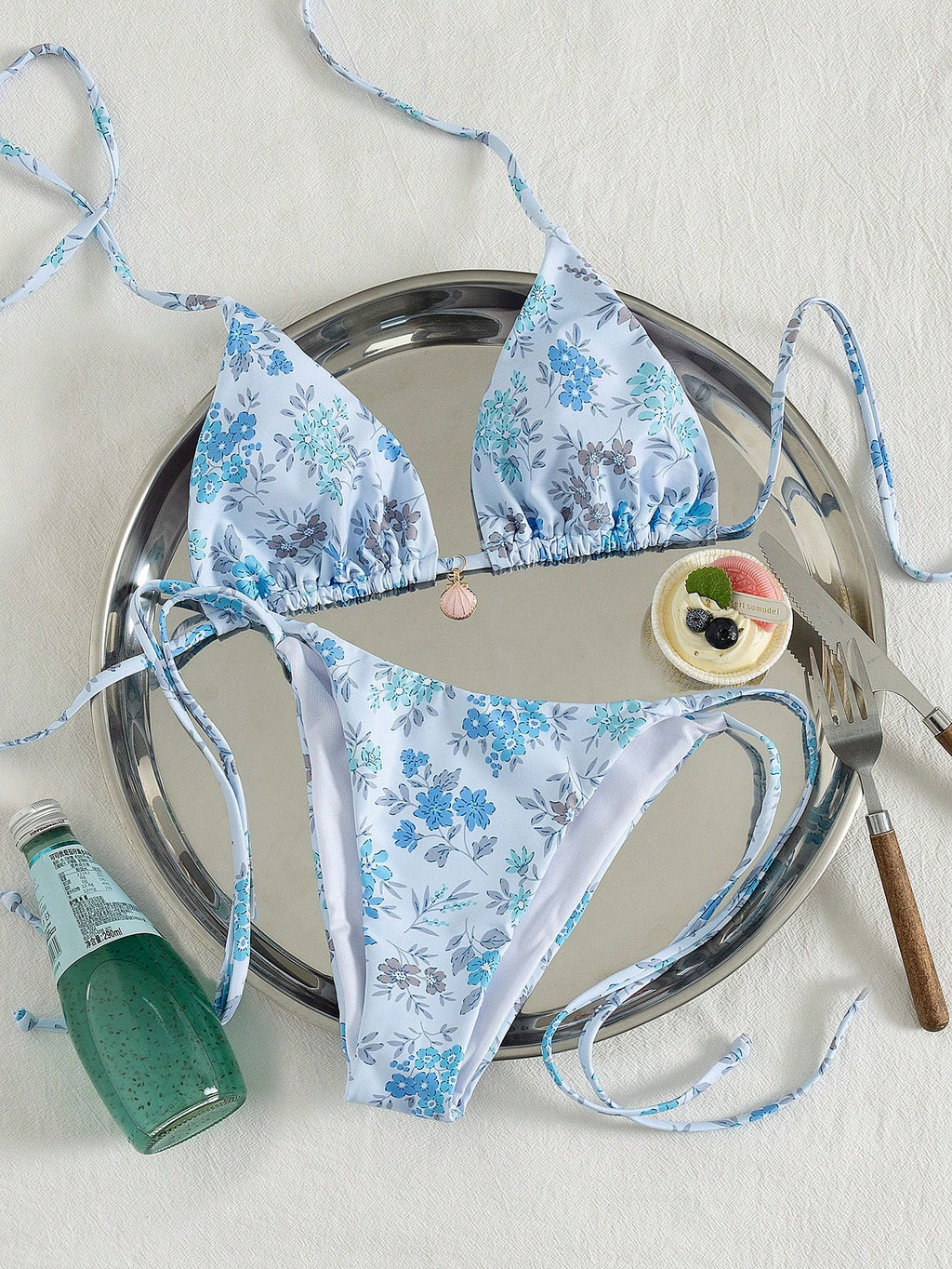Swim Mod Multicolor Plant Pattern Fabric Halter Bikini Set Boho Style