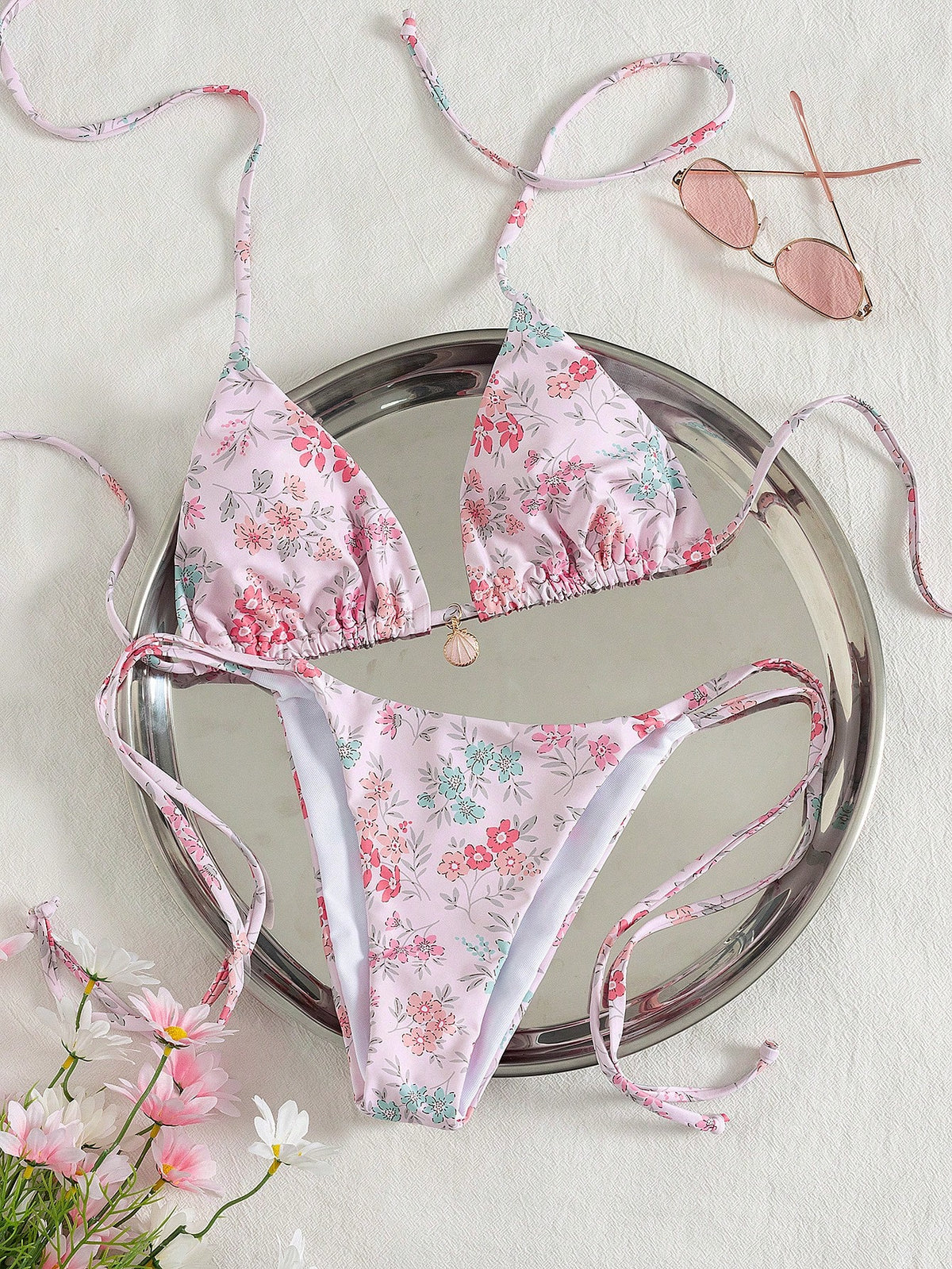 Swim Mod Multicolor Plant Pattern Fabric Halter Bikini Set Boho Style Lace Up Design - image 15