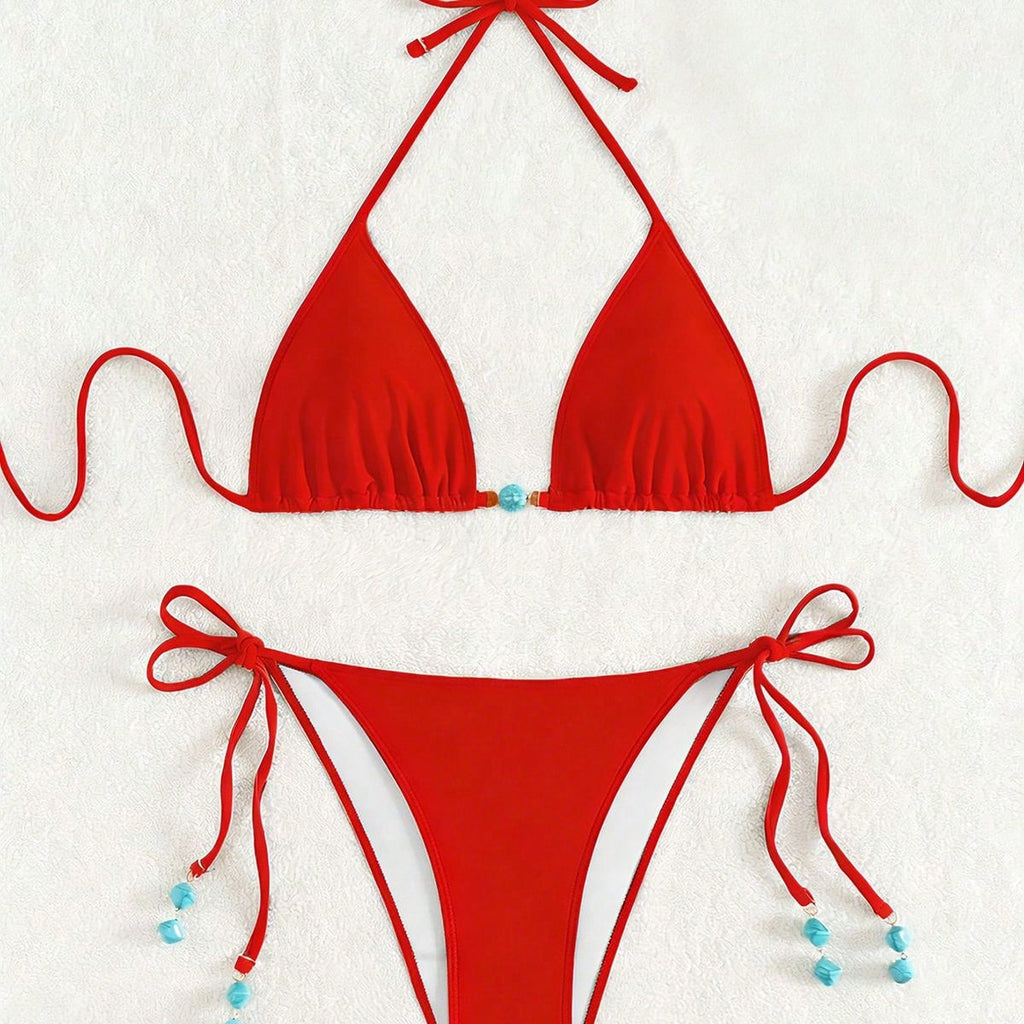 Summer New Spaghetti Strap Back Tie Brown Bikini Bottoms With Side