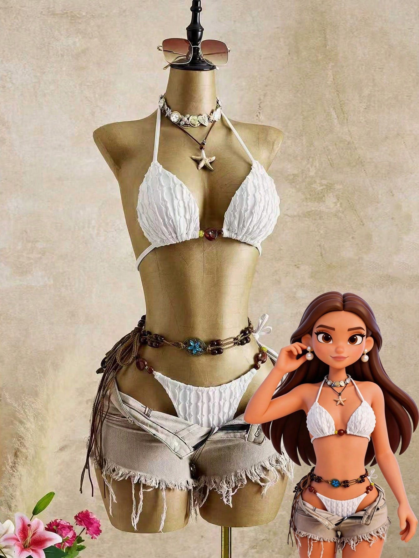 Bellisia Women's 2pcs Elegant Sexy Vintage Romantic Halter Resin Accessory Military Green Bikini Beach Outfit - image 7