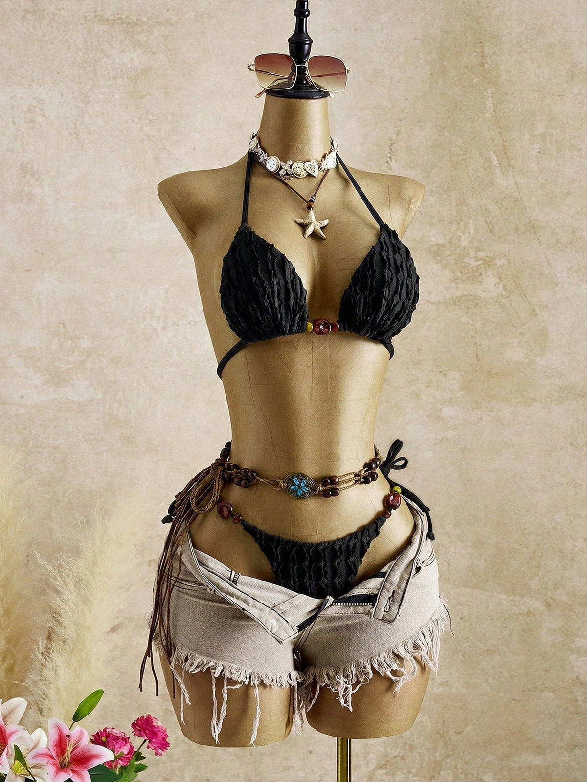 Bellisia Women's 2pcs Elegant Sexy Vintage Romantic Halter Resin Accessory Military Green Bikini Beach Outfit - image 13