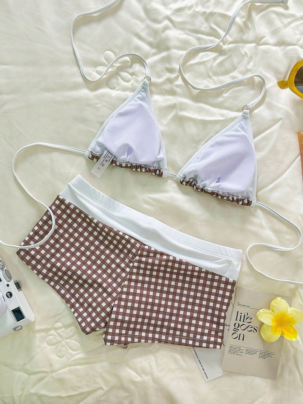 Swim Mod Women Gingham Print Bikini Set With Gym Short