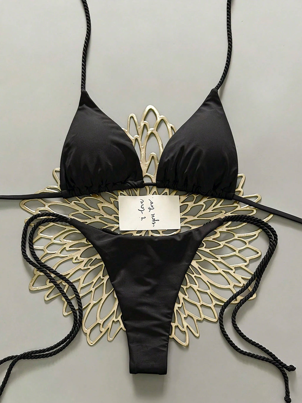 Swim Vcay 2pcs Women Apricot Bikini Swimwear Set, Handmade Rope Decor