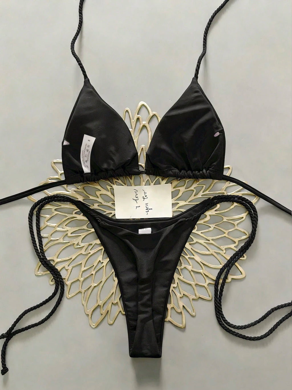 Swim Vcay 2pcs Women Apricot Bikini Swimwear Set, Handmade Rope Decor