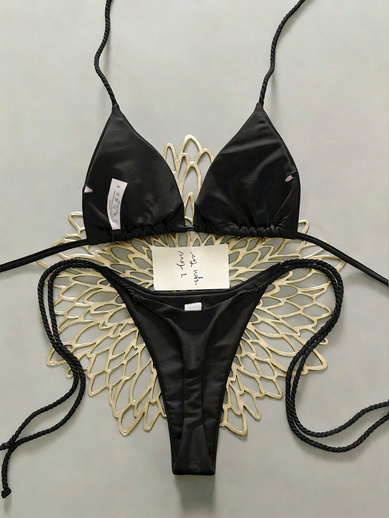 Swim Vcay 2pcs Women Apricot Bikini Swimwear Set, Handmade Rope Decor