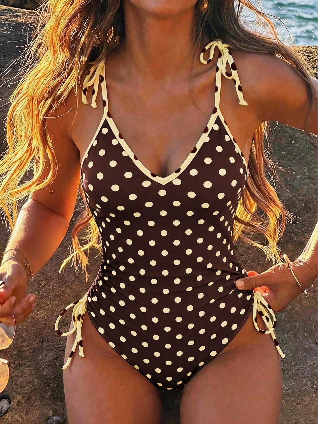 Swim Vcay Women's Solid Color Spaghetti Strap Tie Front One-Piece