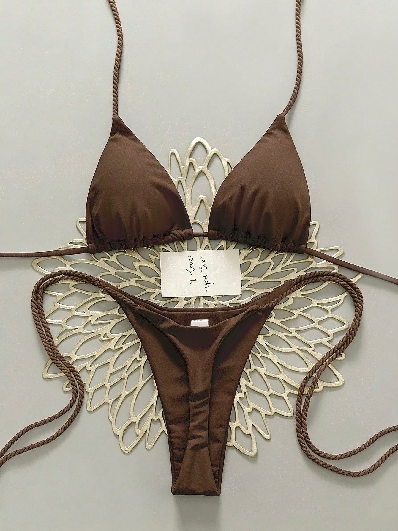 Swim Vcay 2pcs Women Apricot Bikini Swimwear Set, Handmade Rope Decor