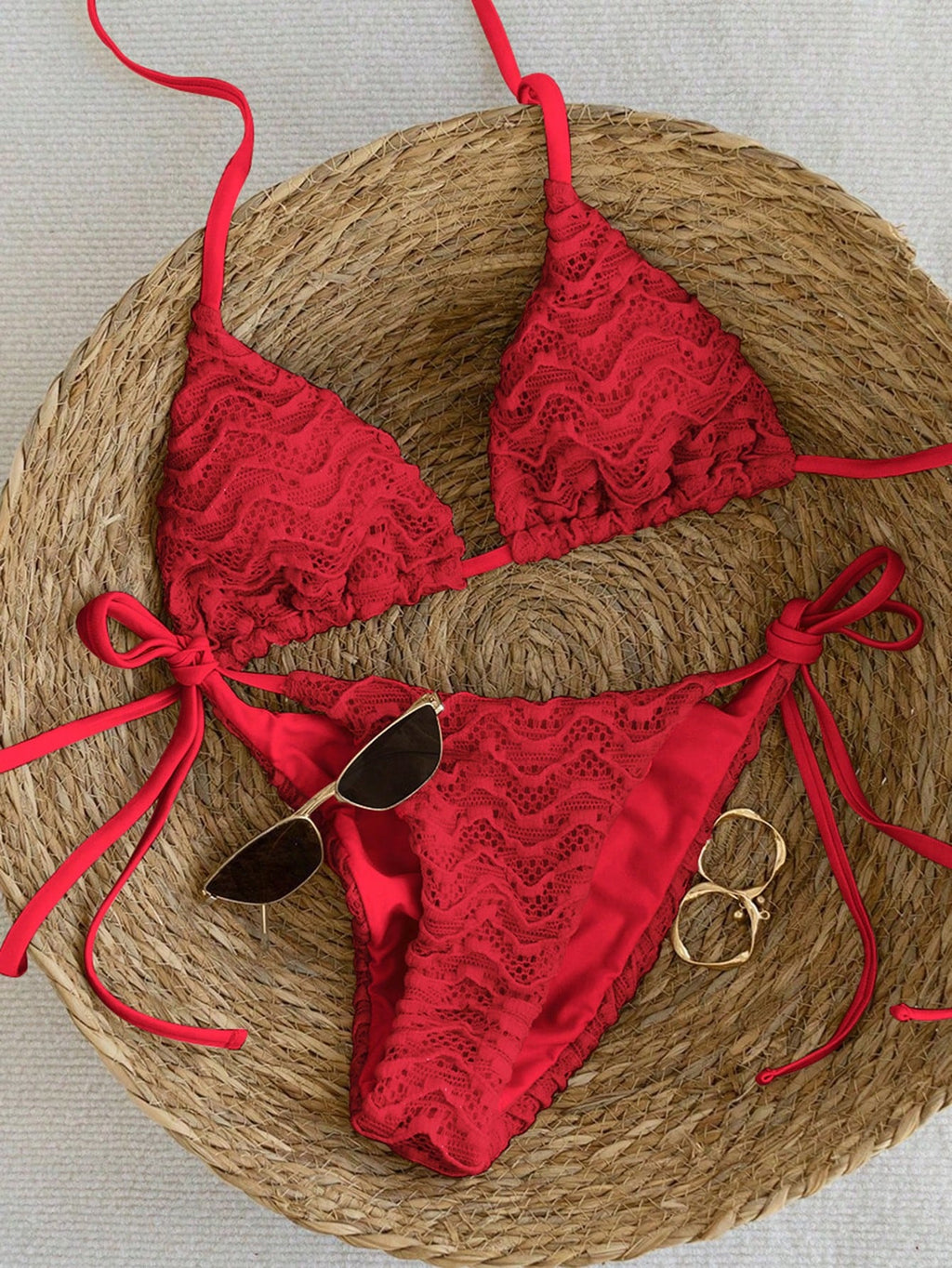 Swim Vcay Women's Red Lace Bikini Set 2pcs Spaghetti Strap Backless