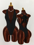Amplova 1pc Women's Elegant Black One-Piece Swimsuit, Deep V-Neck Tight-Fitting Monokini,Open Back With