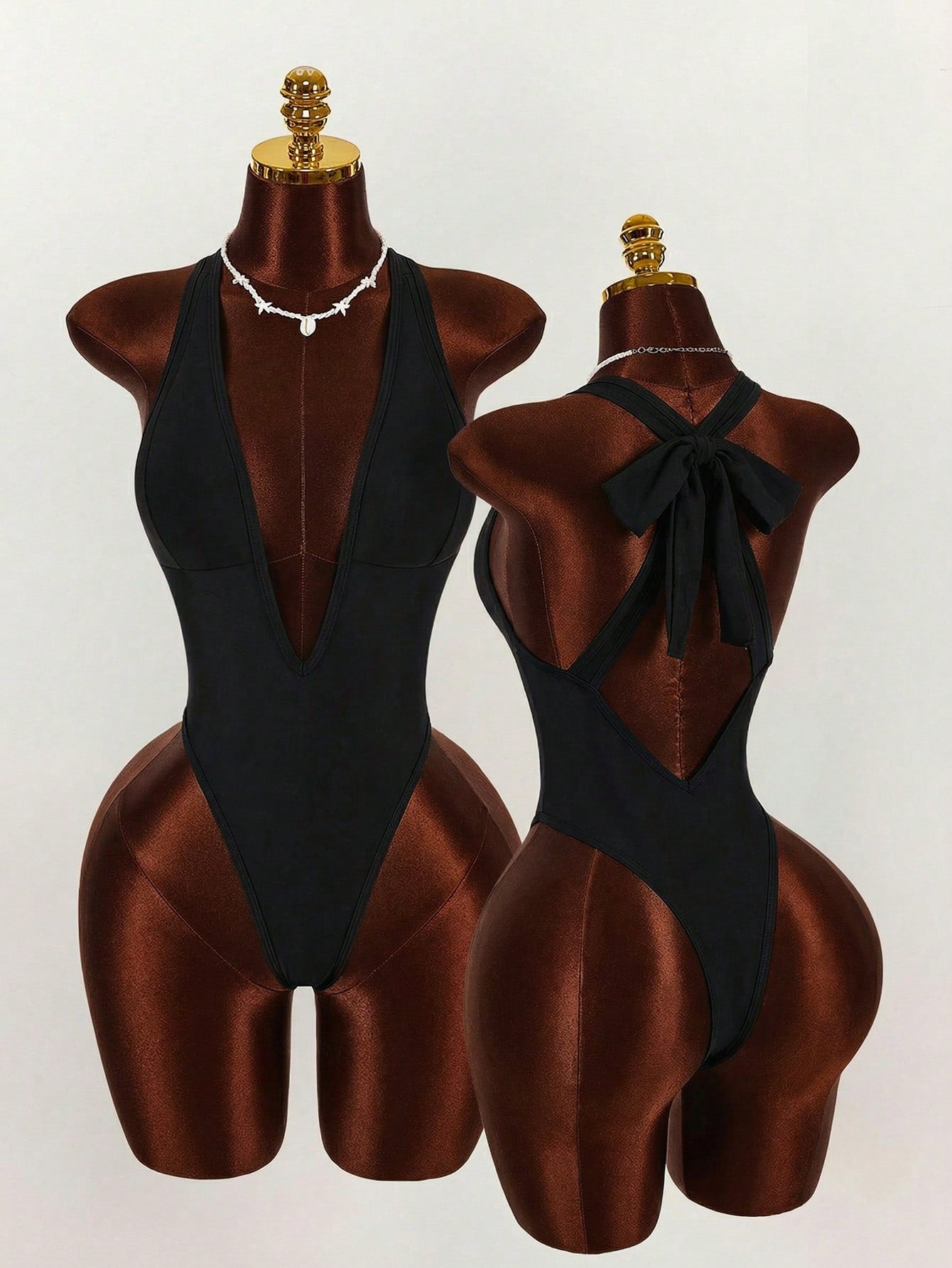 Amplova 1pc Women's Elegant Black One-Piece Swimsuit, Deep V-Neck Tight-Fitting Monokini,Open Back With