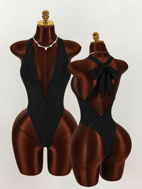 Amplova 1pc Women's Elegant Black One-Piece Swimsuit, Deep V-Neck Tight-Fitting Monokini,Open Back With
