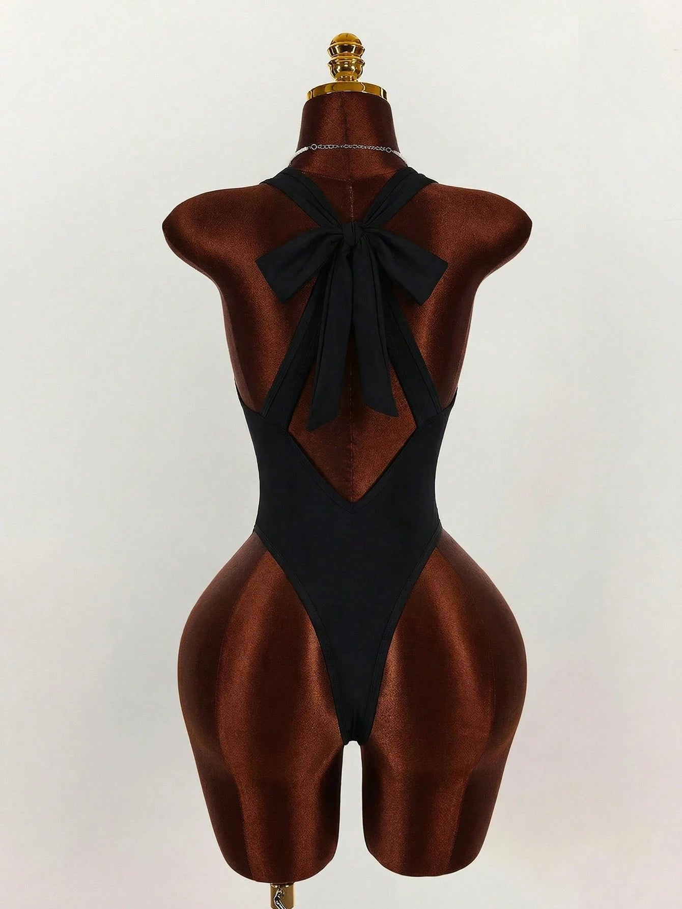 Amplova 1pc Women's Elegant Black One-Piece Swimsuit, Deep V-Neck Tight-Fitting Monokini,Open Back With - image 2