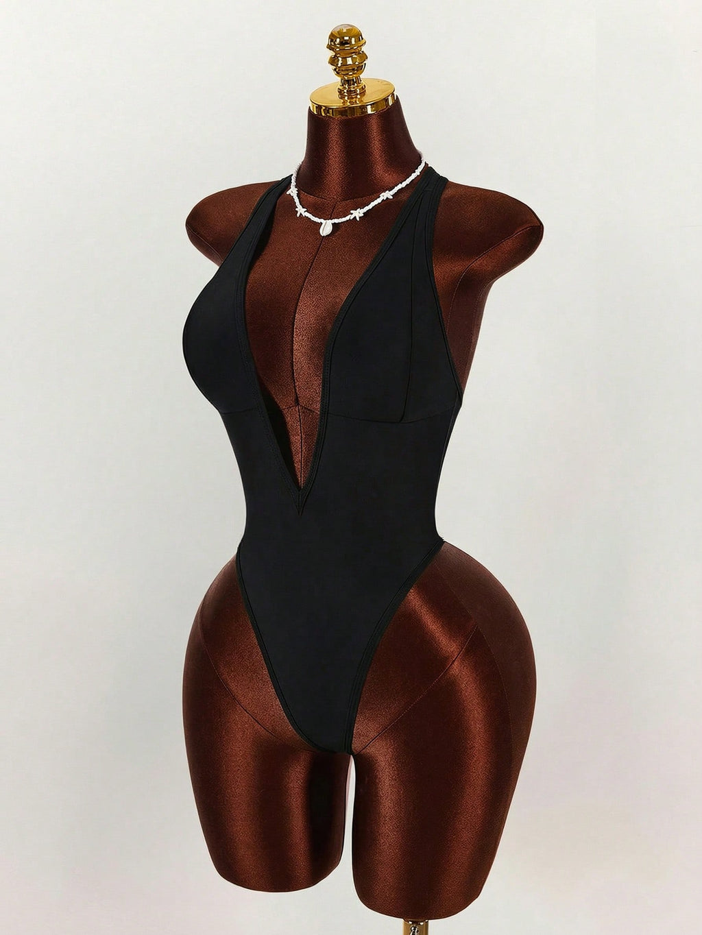 Amplova 1pc Women's Elegant Black One-Piece Swimsuit, Deep V-Neck Tight-Fitting Monokini,Open Back With - image 3