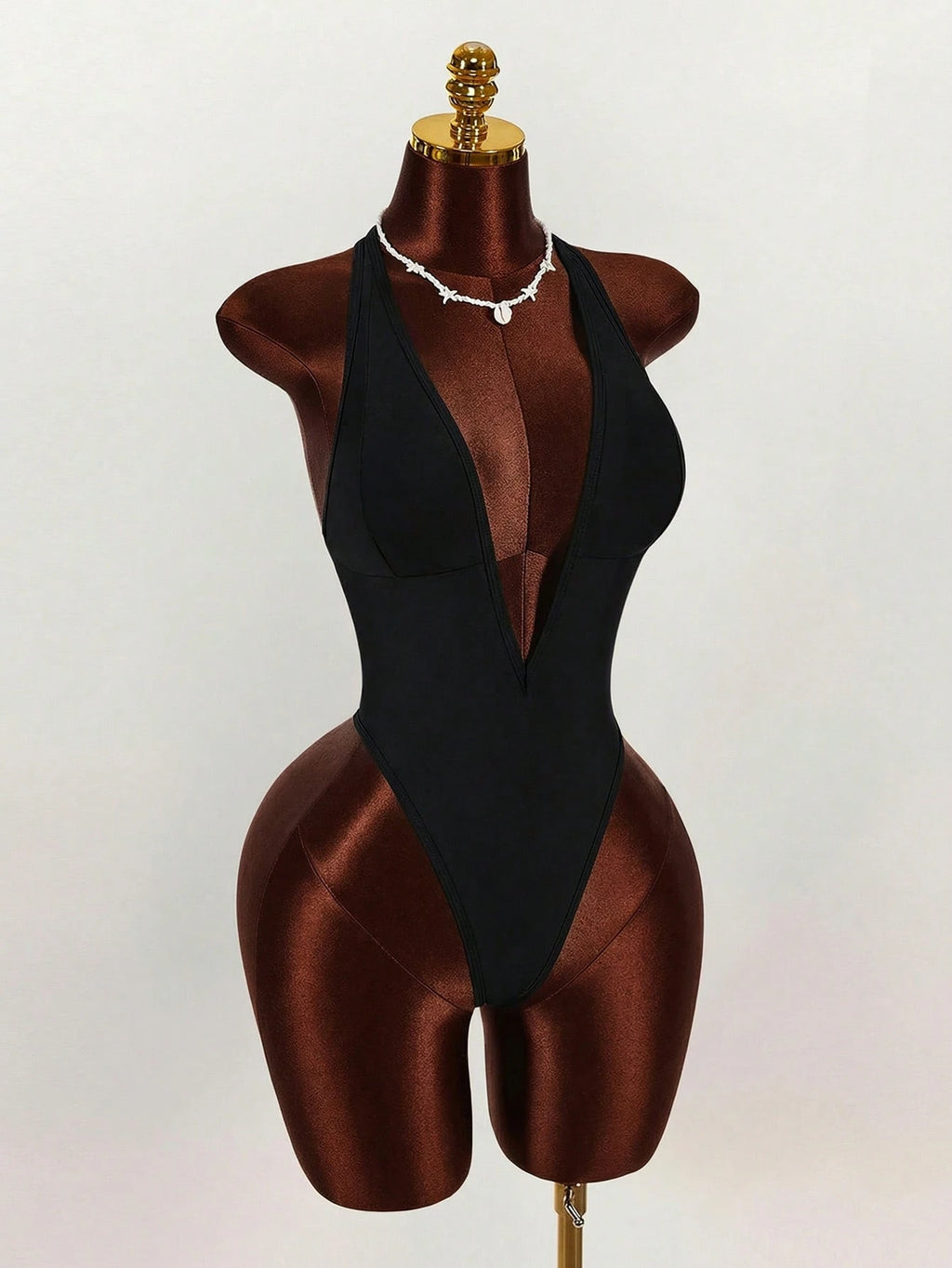 Amplova 1pc Women's Elegant Black One-Piece Swimsuit, Deep V-Neck Tight-Fitting Monokini,Open Back With - image 5