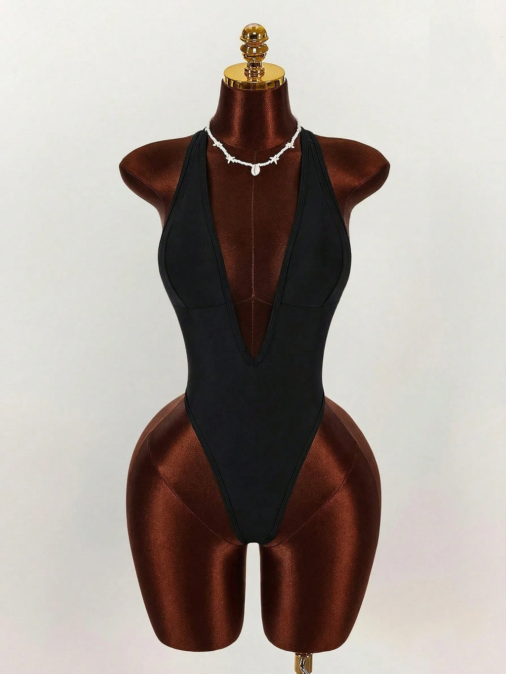 Amplova 1pc Women's Elegant Black One-Piece Swimsuit, Deep V-Neck Tight-Fitting Monokini,Open Back With - image 9