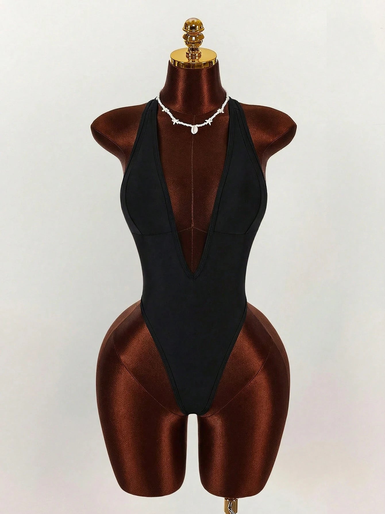 Amplova 1pc Women's Elegant Black One-Piece Swimsuit, Deep V-Neck Tight-Fitting Monokini,Open Back With - image 9