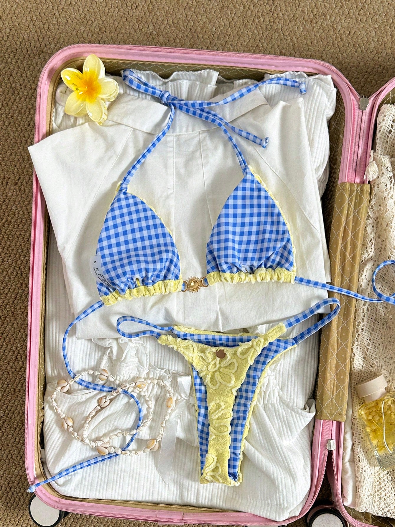 Swim Mod Women's Cute Butter Yellow Sunflower Fabric Floral Plaid Reversible V-N
