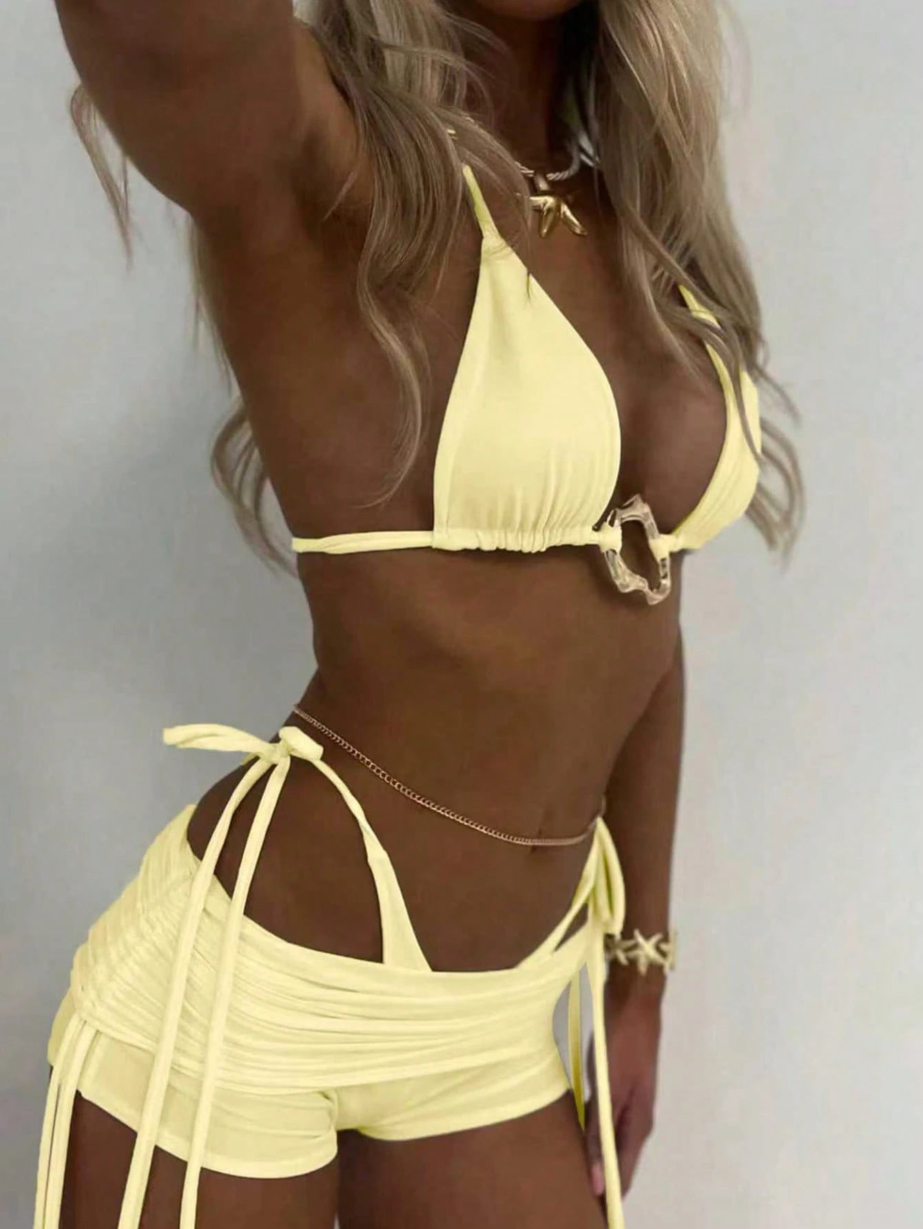 3pcs Solid Color Bikini Swimwear Set, Spaghetti Strap Halter Backless