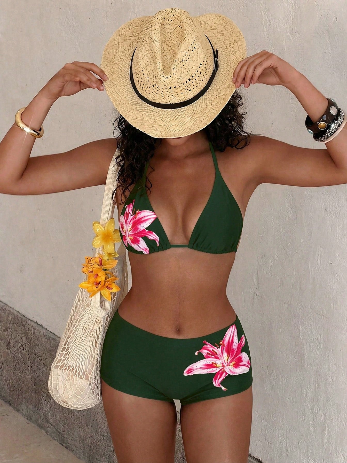 PEPPERMOLLY Fashionable Floral Swimwear: Black Backless Bikini Top +