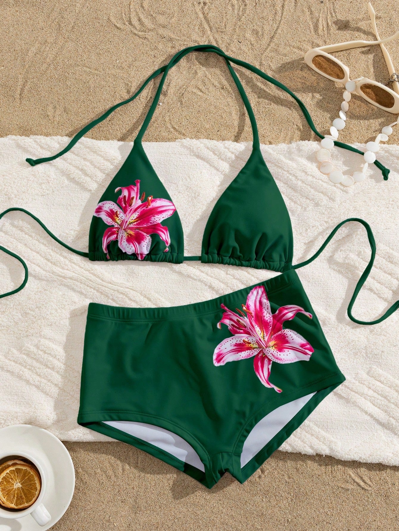 PEPPERMOLLY Fashionable Floral Swimwear: Black Backless Bikini Top +