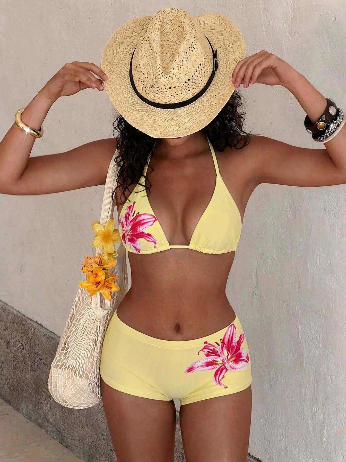 PEPPERMOLLY Fashionable Floral Swimwear: Black Backless Bikini Top +