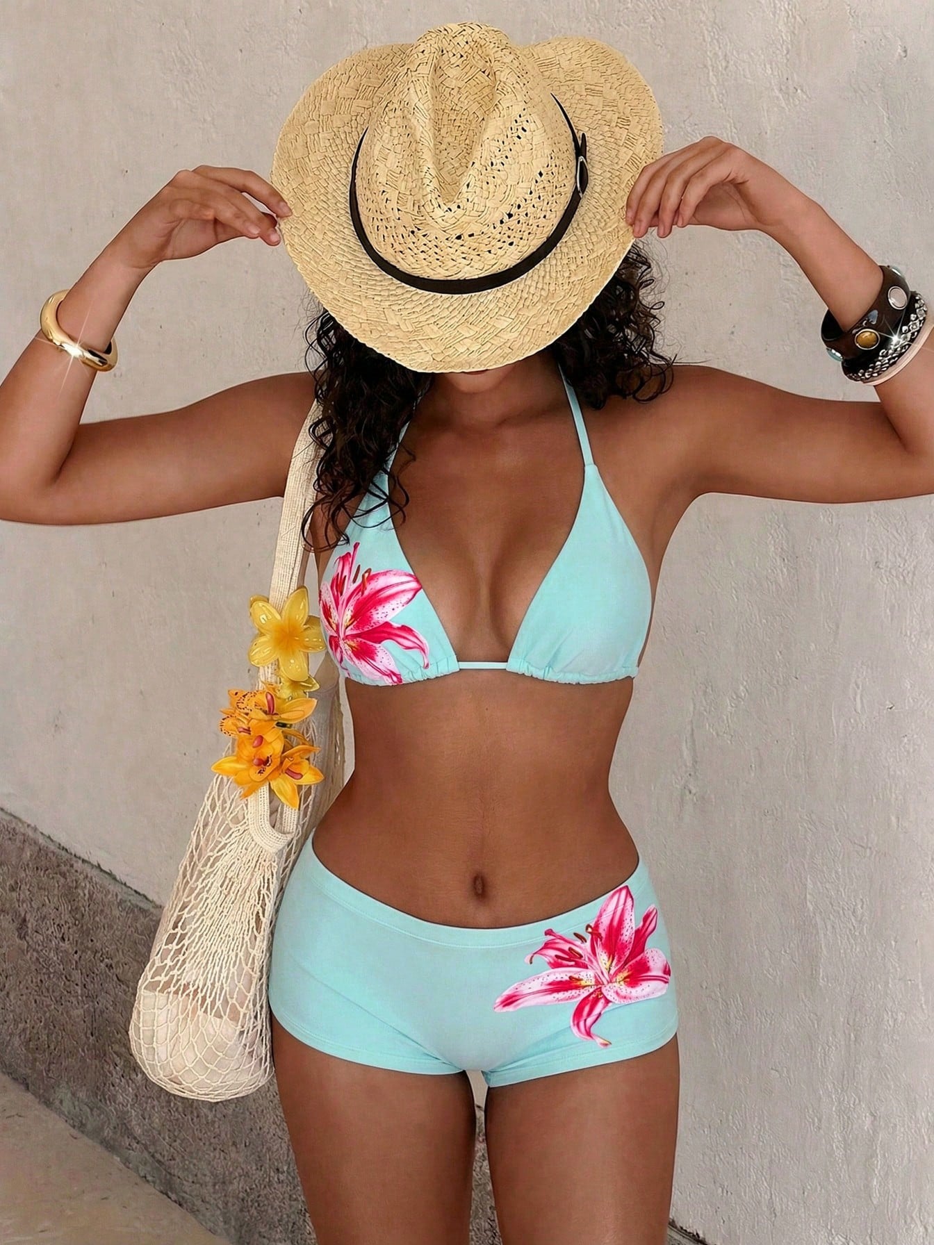 PEPPERMOLLY Fashionable Floral Swimwear: Black Backless Bikini Top +