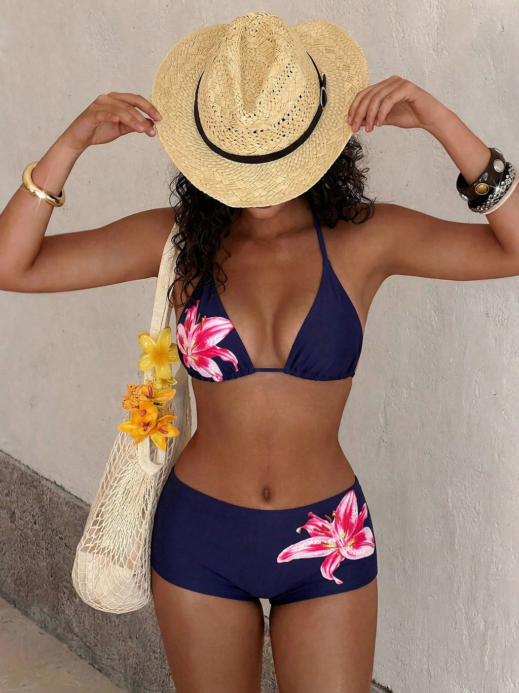 PEPPERMOLLY Fashionable Floral Swimwear: Black Backless Bikini Top +