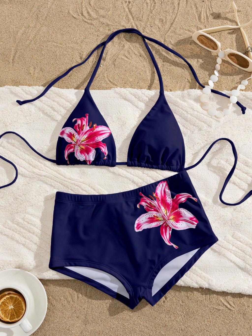 PEPPERMOLLY Fashionable Floral Swimwear: Black Backless Bikini Top +