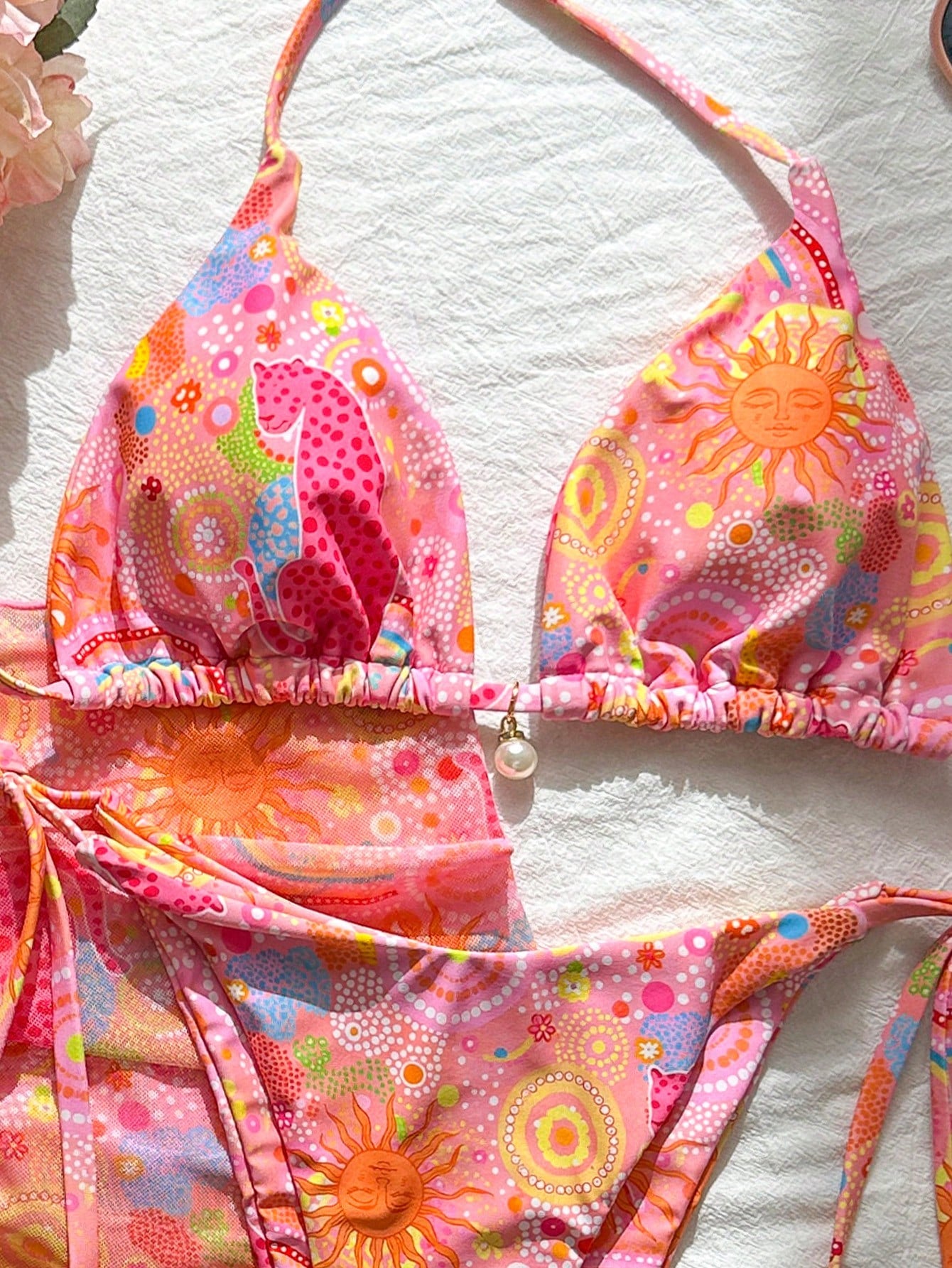 Swim SXY 3pcs/Set Spring & Summer Holiday Random Floral Print Gold Pearl Decor H