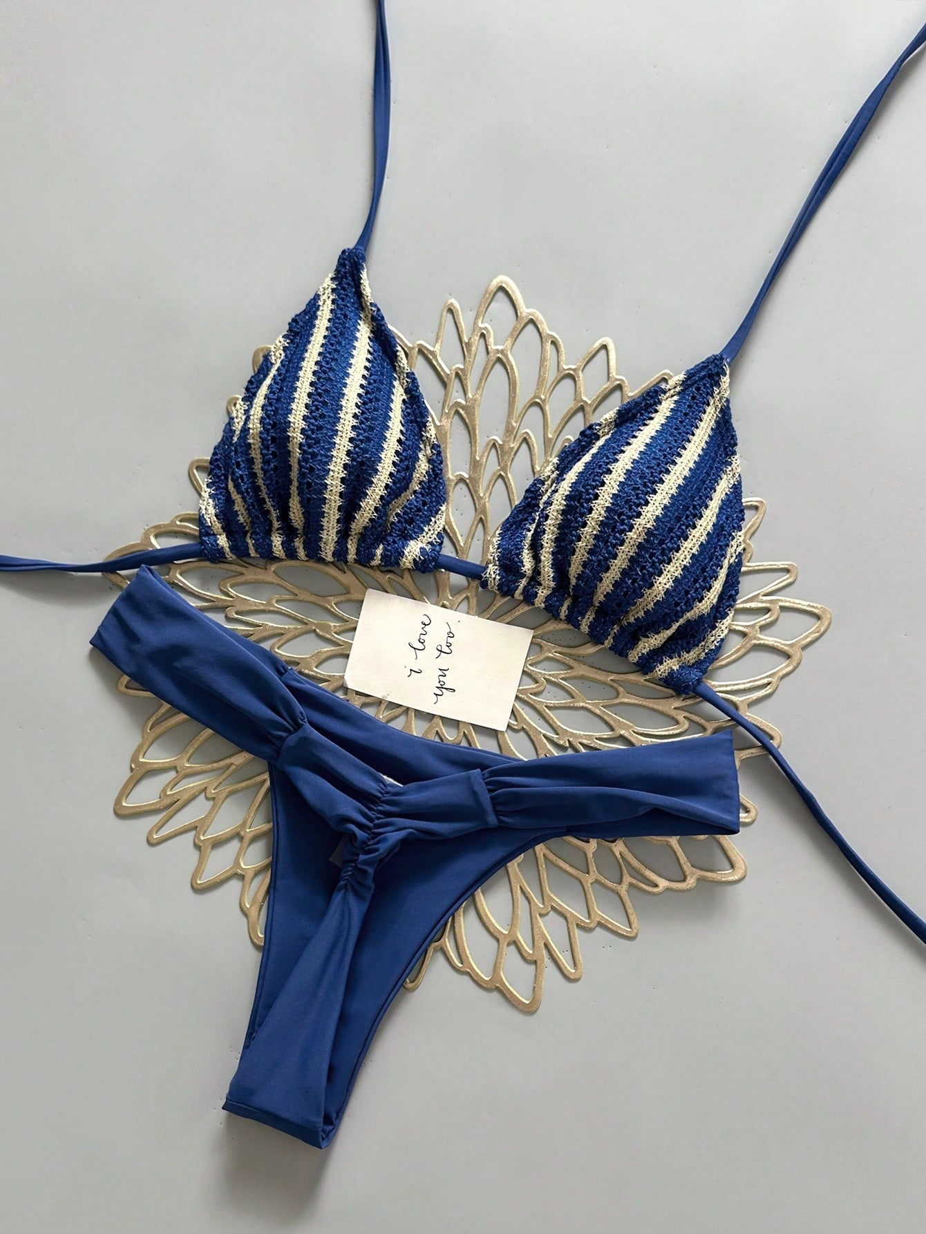 Swim Mod Summer Women 2pcs Textured Knit Fabric Triangle Tie Top And Ruched Biki