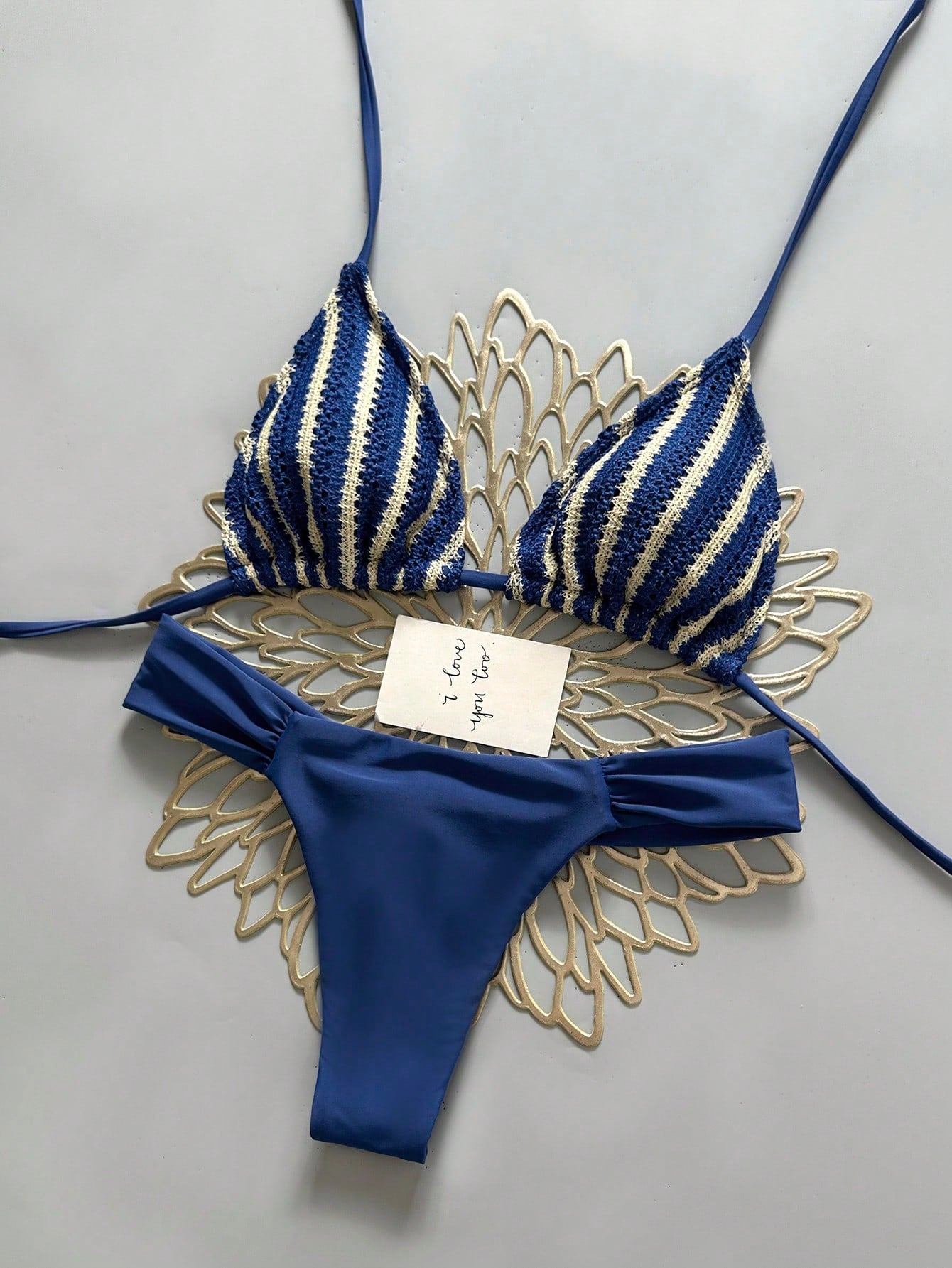 Swim Mod Summer Women 2pcs Textured Knit Fabric Triangle Tie Top And Ruched Biki