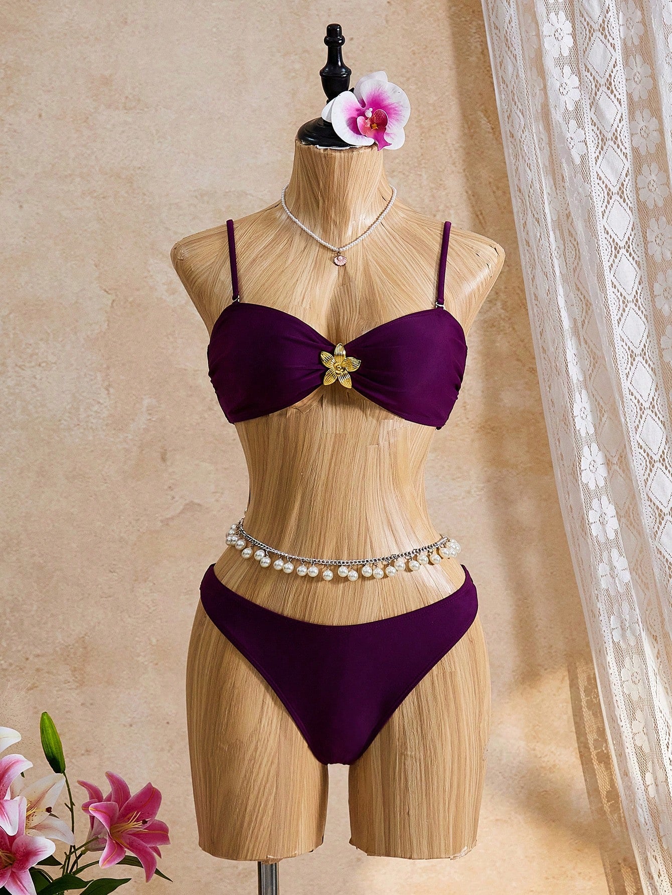 Women's Summer Beach Bikini Set, Metal Flower Decor With Removable