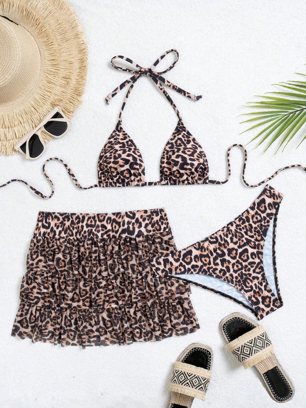 Women's Summer Beach Leopard Print Halter Tie Sexy Bikini Set With