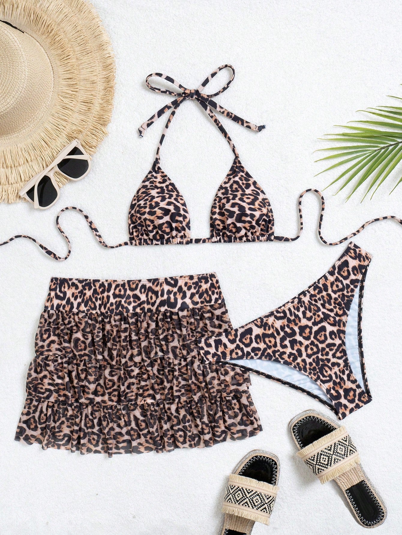 Women's Summer Beach Leopard Print Halter Tie Sexy Bikini Set With