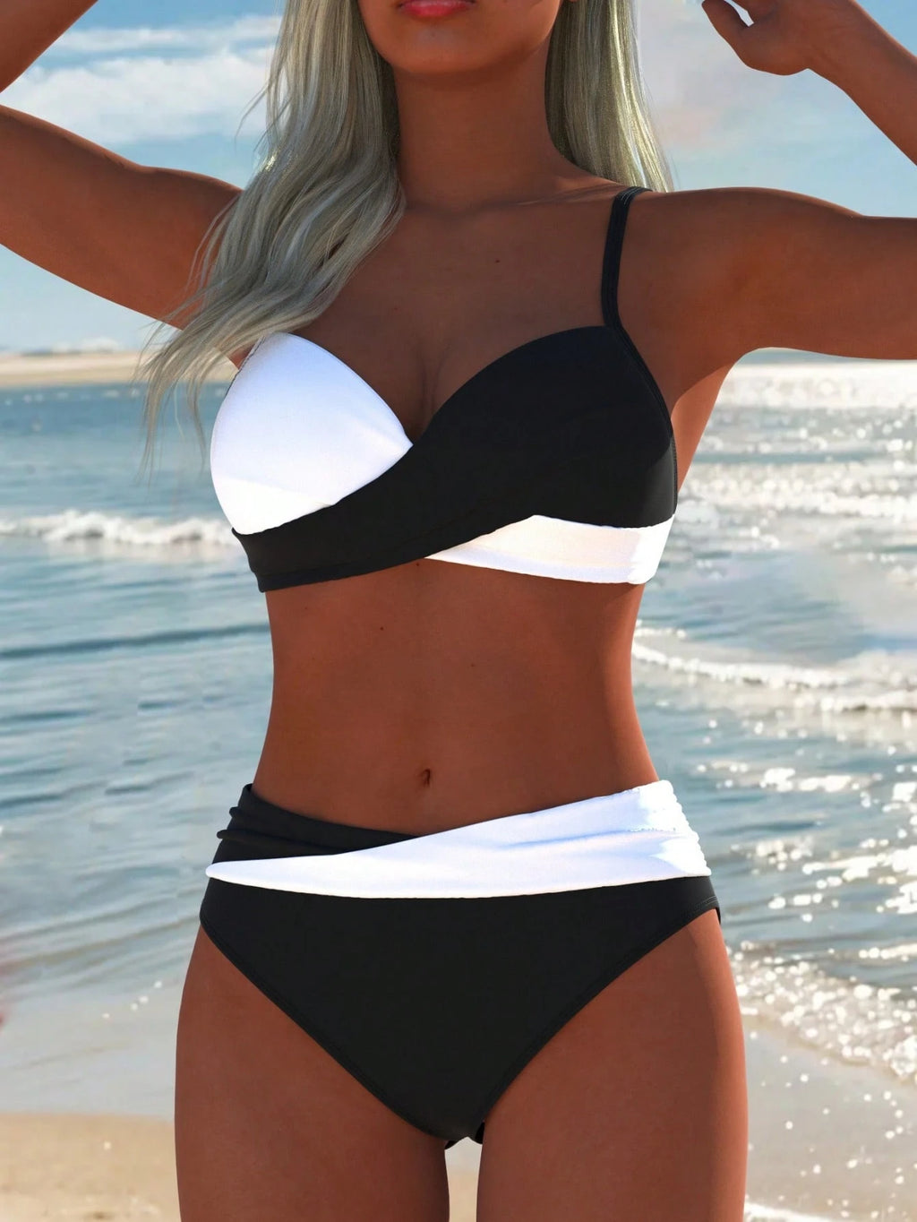 Women's Sexy Casual Black & White Color Block Spaghetti Strap Bikini