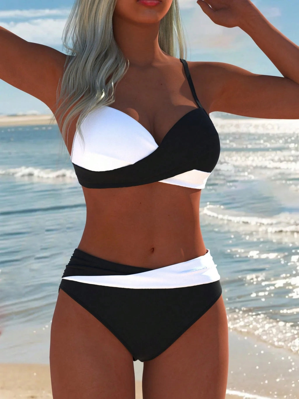 Women's Sexy Casual Black & White Color Block Spaghetti Strap Bikini