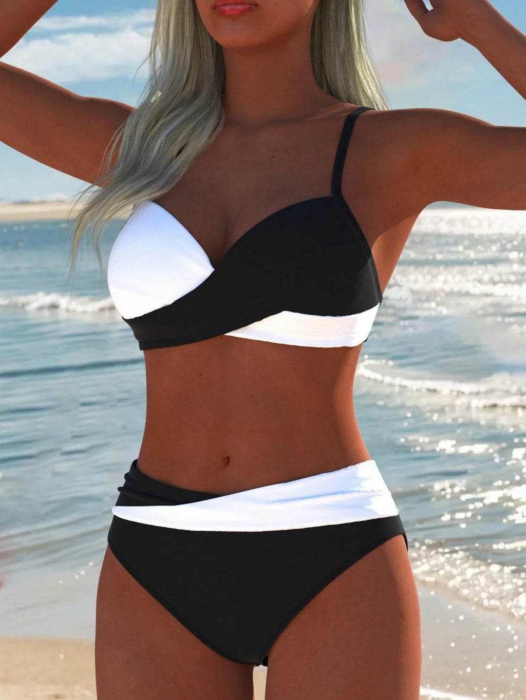 Women's Sexy Casual Black & White Color Block Spaghetti Strap Bikini