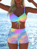 Women's Sexy Rainbow Leopard Print Bikini Set, Spaghetti Strap Ruched